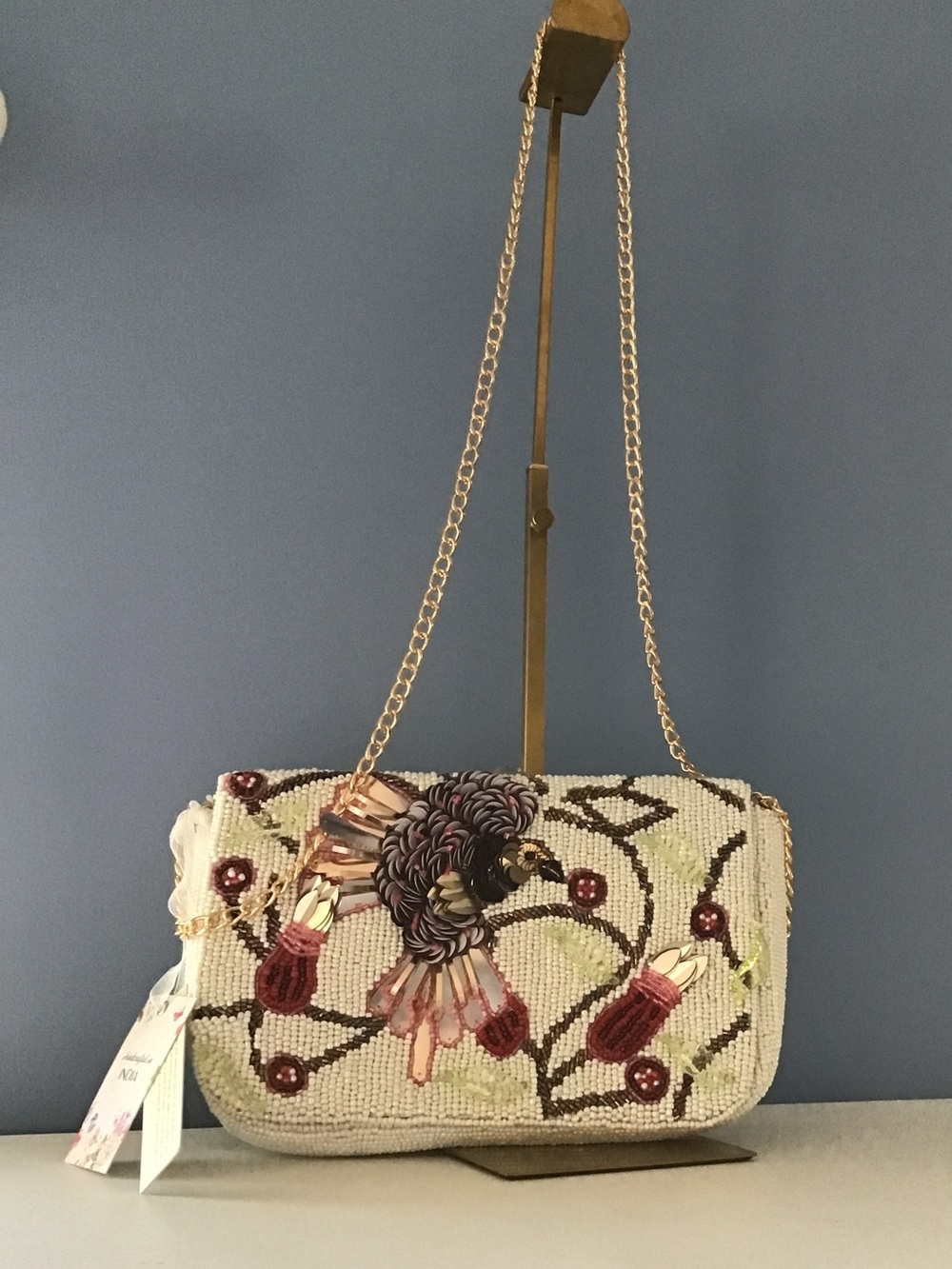 New Cream Beaded Floral-Embellished Turkey Bird Crossbody Clutch